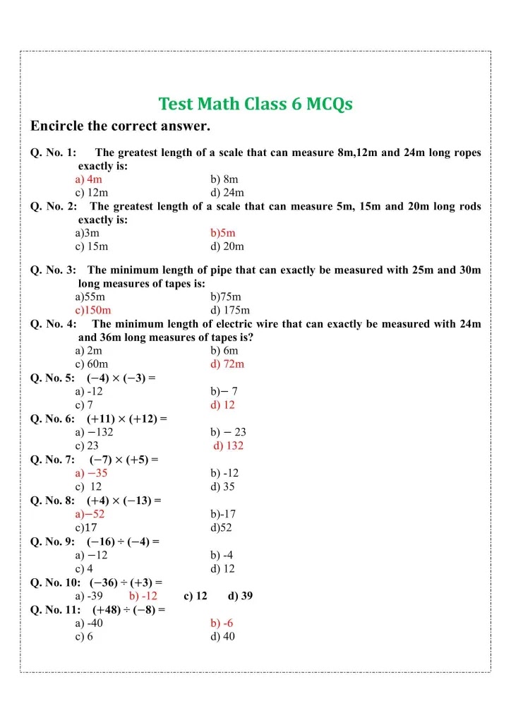 Answers Assessment Grade 6 Math Printable A4 Size